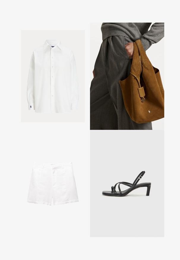 Weißes Langarmhemd mit klassischem Kragen, Knopfverschluss und einem kleinen gestickten Logo am Bund. Glatte Baumwollqualität mit einfacher Textur.; Weiße Baumwoll-Shorts mit tailliertem Schnitt, ausgestattet mit Fronttaschen, einem Reißverschluss und einem flachen Bund. Glatte Textur, keine sichtbaren Muster.; Schwarze Sandale mit Riemchen, quadratischer Zehenform und niedrigem Blockabsatz. Verfügt über mehrere dünne Riemen und einen verstellbaren Knöchelriemen. Hergestellt aus glattem Leder.; Braune Wildleder-Tote mit runder Form, doppelten Griffen und einem metallischen Hardware-Accessoire. Mit einem kleinen Logo auf der Vorderseite.