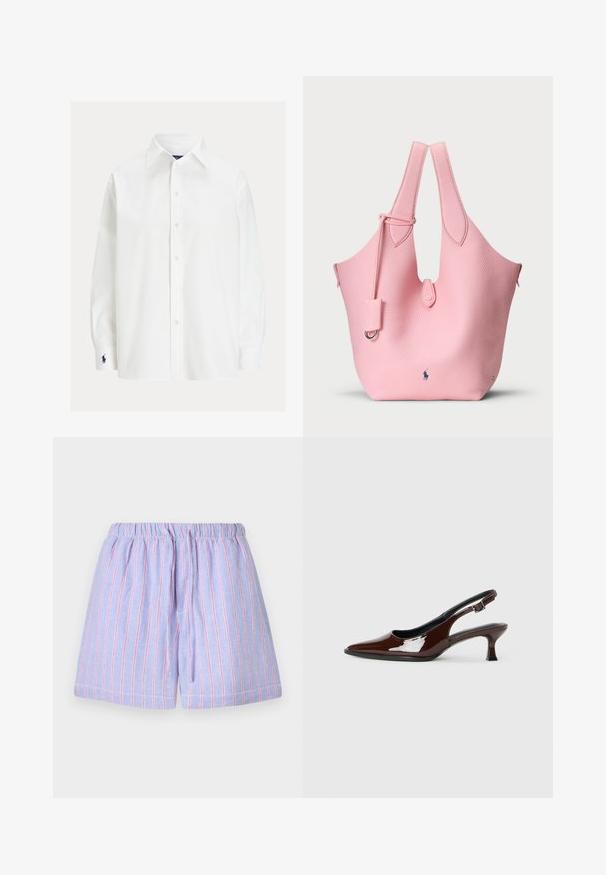 Balta krekla ar garām piedurknēm, klasisku apkakli, pogu aizdari un mazu izšūtu logotipu uz piedurknes. Gluda kokvilnas auduma ar vienkāršu faktūru.; Gaiši violets šorti ar rozā vertikālām svītrām, ar elastīgu jostasvietu un auklu. Izgatavoti no mīkstas auduma ar brīvu piegriezumu.; Brūnas patentētas ādas sprauga kurpes ar norādītu pirkstu un mērenu papēdi. Aprīkotas ar sprādzi, lai nodrošinātu drošu fit. Gluda tekstūra.; Rozā ādas somiņa ar teksturētu virsmu, ar divām garām rokturiem un mazu noņemamu birku. Logos novietots apakšā.