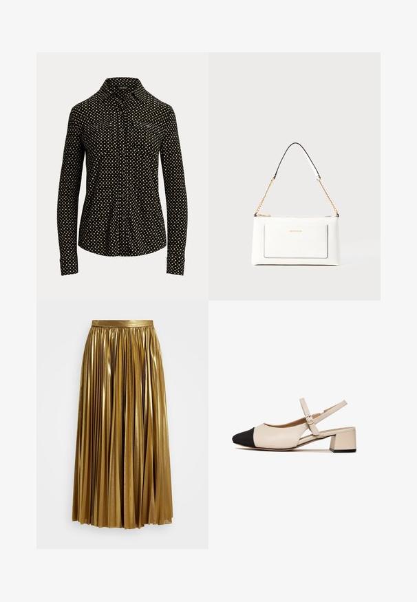 Crna košulja s dugim rukavima, bijelim kvadratnim uzorkom,o kravatu i dva prednja džepa, izrađena od mekanog materijala.; Zlatna plisirana maksi suknja s sjajnim završetkom, koja ima visok pojas i lepršavu teksturu, pogodna za razne prigode.; Bež kožne cipele s remenom oko pete, s crnim vrhom, kvadratnim potplatom i podesivim remenčićem oko gležnja. Glatka tekstura i minimalistički dizajn.; Bijela kožna torba s teksturiranim završetkom, koja ima zlatni lančić i crne akcentne detalje. Uključuje prednji džep i zatvaranje na patentni zatvarač.