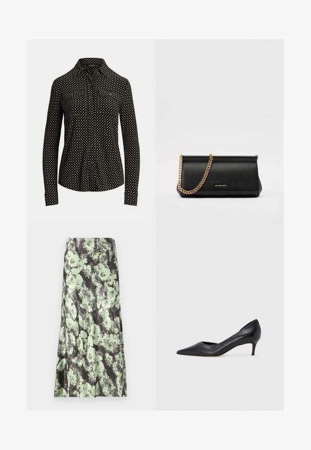 Black button-up shirt with white square pattern, long sleeves, collar, and two front pockets, made from a soft fabric.; Floral skirt featuring a black base color with light green floral patterns. Material appears smooth with a slightly shiny texture and a flared shape.; Black leather pump with a pointed toe and low heel. Features a smooth texture and subtle sheen. Open cut at the front for added detail.; Black leather clutch bag with a gold chain strap, featuring a smooth texture, rectangular shape, and embossed branding on the front.