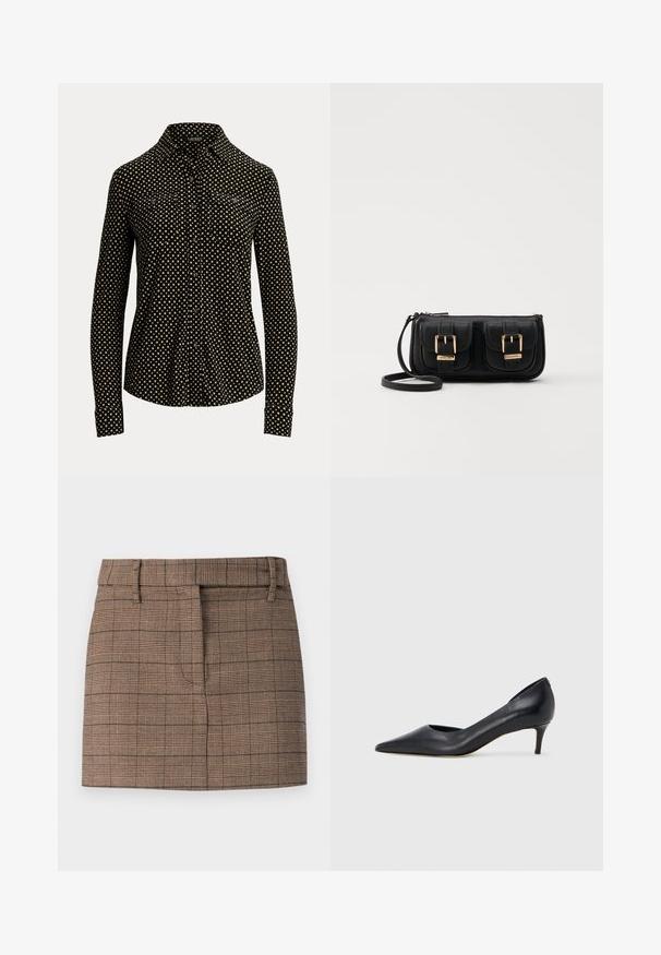 Schwarze Hemd mit Knöpfen, weißem quadratischem Muster, langen Ärmeln, Kragen und zwei Fronttaschen, aus einem weichen Stoff gefertigt.; Brauner karierten Rock mit tailliertem Design, flachem Bund, Vorderfalten und feinem strukturiertem Stoff.; Schwarzer Pumps aus Leder mit spitzer Zehenpartie und niedrigem Absatz. Verfügt über eine glatte Textur und dezenten Glanz. Vordere Öffnung für ein zusätzliches Detail.; Schwarze Leder-Umhängetasche mit zwei vorderen Taschen, goldenen Schnallen, Reißverschluss und einem schmalen Tragegurt. Texturierte Oberfläche und kompakte rechteckige Form.