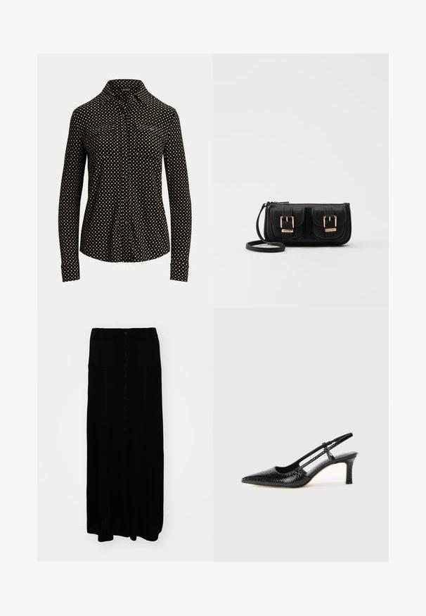 Camicia nera con bottoni, motivo a quadrati bianchi, maniche lunghe, colletto e due tasche frontali, realizzata in un tessuto morbido.; Gonna lunga nera in maglia con apertura frontale a bottoni, due tasche frontali, tessuto a trama e una silhouette dritta.; Slingback con tacco in vernice nera con punta affusolata, caratterizzato da una stampa a serpente testurizzata, cinturino regolabile e un tacco corto e testurizzato.; Borsa a tracolla nera in pelle con due tasche frontali, fibbie dorate, chiusura con zip e una tracolla sottile. Superficie texturizzata e forma rettangolare compatta.