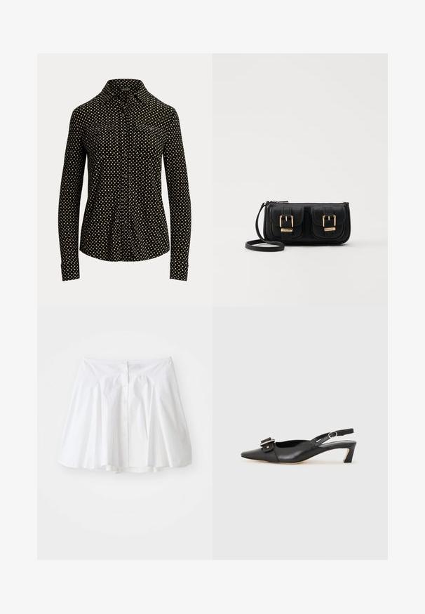 Svart knäppskjorta med vitt rutmönster, långa ärmar, krage och två framfickor, tillverkad av ett mjukt tyg.; Vit bomullskjol med en utsvängd design, med en knappstängning fram och subtilt rynk vid midjan för form.; Svart lädersko med slingback, spetsig tå, liten klack och dekorativ spänndetalj på ovansidan. Slät struktur, minimalistisk design.; Svart läderaxelväska med två framfickor, guldspännen, dragkedjestängning och en smal rem. Texturerad yta och kompakt rektangulär form.