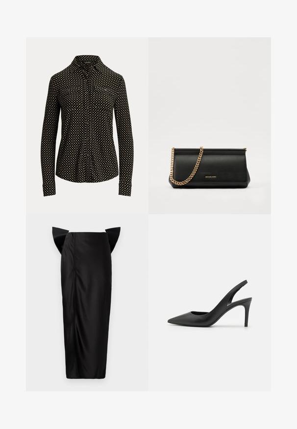 Fekete galléros ing, fehér négyzetmintával, hosszú ujjal és két elülső zsebbel, puha anyagból készült.; Fekete midi szoknya testhezálló sziluettel, egyedi fodros panelekkel a csípőn, sima textúrával és oldalsó cipzár részlettel.; Fekete bőrszíjjal ellátott magassarkú cipők, hegyes orral, elöl kivágott dizájnnal és vékony stiletto sarkakkal.; Fekete bőr kisméretű táska arany lánccal, sima felülettel, téglalap alakú, és dombornyomott márkázással az elején.