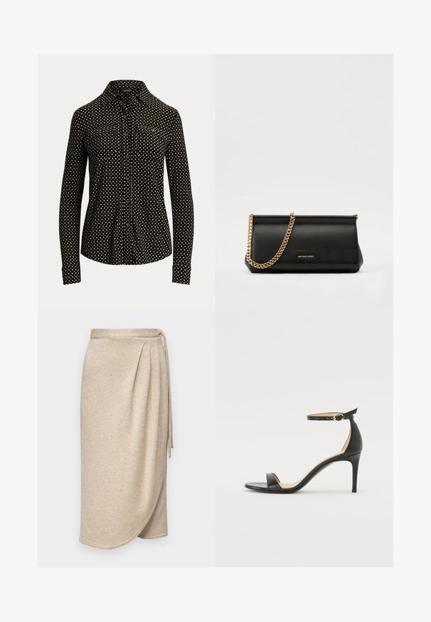 Camisa negra de botones con patrón de cuadrados blancos, de manga larga, con cuello y dos bolsillos en la parte frontal, hecha de una tela suave.; Falda envolvente beige hecha de un tejido suave y texturizado con un sutil brillo. Presenta una cintura anudada y un diseño drapeado con un dobladillo que se curva suavemente.; Sándalo de tacón alto de piel negra con tiras en el tobillo. Presenta una textura suave, puntera abierta y un tacón delgado. Detalles de hebilla en tono dorado.; Cartera de mano de piel negra con una correa de cadena dorada, que presenta una textura suave, forma rectangular y un logotipo en relieve en la parte frontal.