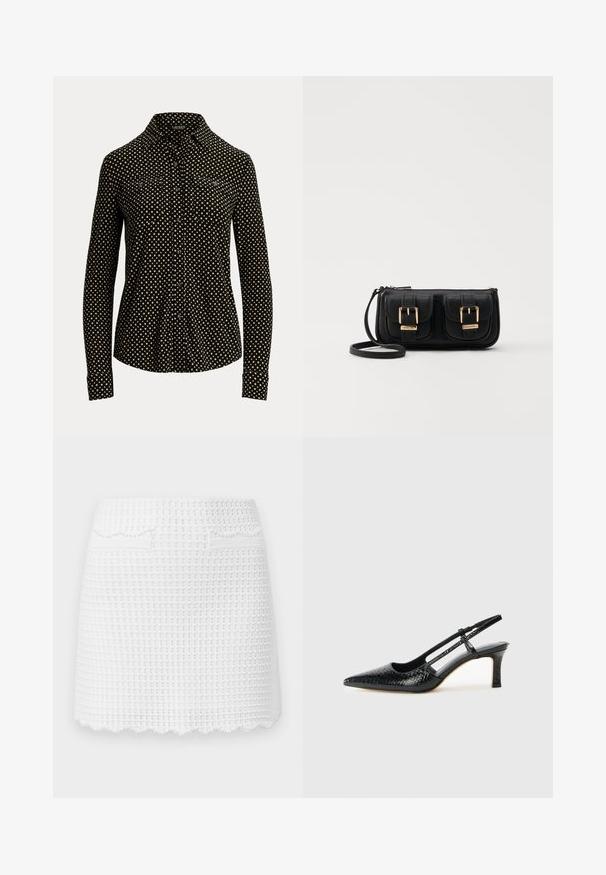 Chemise noire à boutons avec un motif carré blanc, à manches longues, col et deux poches avant, fabriquée dans un tissu doux.; sandro JUPE MAILLE MINI POINT FANTAISIE - Minijupe - blanc; Escarpin slingback en vernis noir avec un bout pointu, présentant un imprimé serpent texturé, une sangle réglable et un petit talon bloc texturé.; Sac en cuir noir porté en travers avec deux poches avant, boucles dorées, fermeture zippée et une sangle fine. Surface texturée et forme rectangulaire compacte.