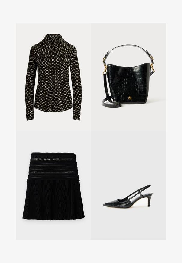 Crna košulja s dugim rukavima, bijelim kvadratnim uzorkom,o kravatu i dva prednja džepa, izrađena od mekanog materijala.; Crna plisirana suknja s teksturiranim rebrastim dizajnom. Sadrži horizontalne detalje s trakama u struku s izrezima. Kratka dužina.; Crne lakirane slingback pete s oštrim vrhom, s teksturiranim uzorkom zmijske kože, podesivom remenom i kratkom, teksturiranom blok-petom.; Crna torba od kože s uzorkom krokodila, zakrivljenog oblika, s zlatnim metalnim detaljima, podesivim remenom i logotipom sprijeda.