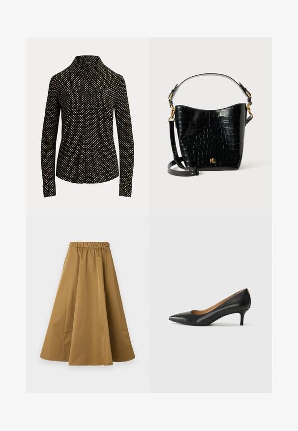 Fekete galléros ing, fehér négyzetmintával, hosszú ujjal és két elülső zsebbel, puha anyagból készült.; Barna, bokáig érő szoknya sima pamutból, kényelmes gumis derékkal és diszkrét redőkkel a gazdagabb volumentért.; Fekete bőrpumpa hegyes orral, alacsony sarokkal és sima felülettel. Elöl enyhe nyílással rendelkezik, hátul pedig minimális részletezéssel.; Fekete krokodil bőrhatású táska ívelt formával, arany színű fémalkatrészekkel, állítható pánttal és logó részlettel elöl.