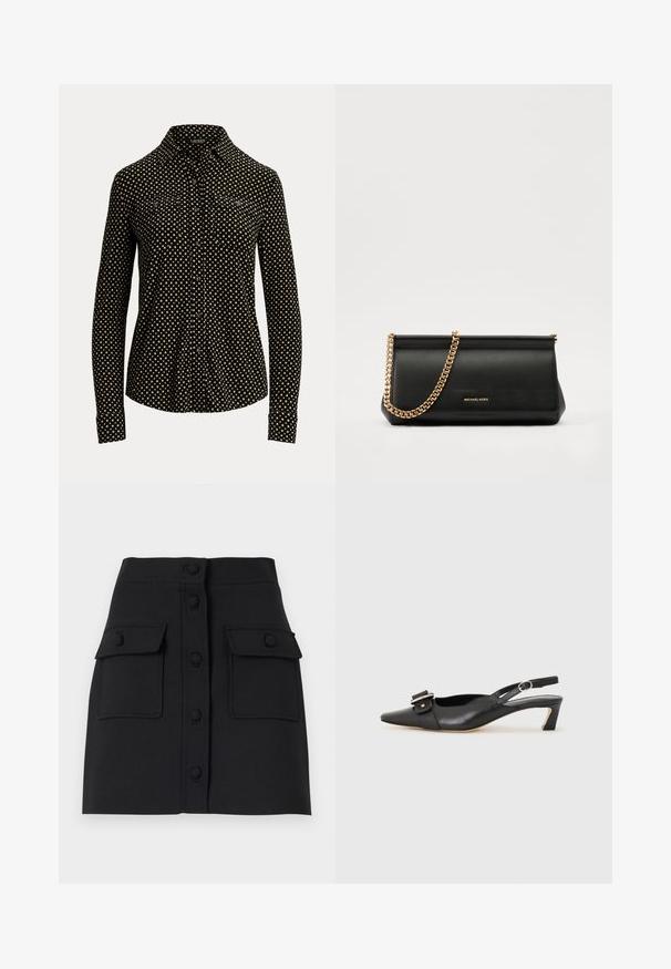 Zwarte button-up shirt met een wit vierkant patroon, lange mouwen, kraag en twee voorzakken, gemaakt van een zachte stof.; Zwarte mini-jurk van textuurstof met een sluiting aan de voorkant met knopen, twee klepzakken en een getailleerd silhouet.; Zwarte leren slingback schoen met scherpe neus, kleine hak en decoratieve gespdetails op de bovenkant. Stijlvolle textuur, minimalistisch ontwerp.; Zwarte leren clutch tas met een gouden kettinghengsel, voorzien van een gladde textuur, rechthoekige vorm en reliëfmerk op de voorkant.