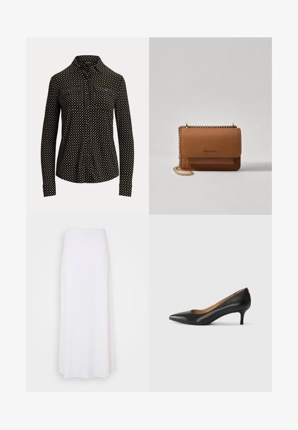 Svart knapp-up skjorte med hvitt rutemønster, lange ermer, krage og to frontlommer, laget av et mykt stoff.; Hvit maxiskjørt laget av lett stoff med en jevn tekstur, med et enkelt A-linje design og uten synlige pynt.; Sorte lærpumpe med spiss tå, lav hæl og en glatt tekstur. Har en liten åpning foran og minimalt med beslag bak.; Brun teksturert lær crossover-veske med gullkjede-stropp og klaffelukking. Fronten har logo-detalj og en lomme under klaffen.