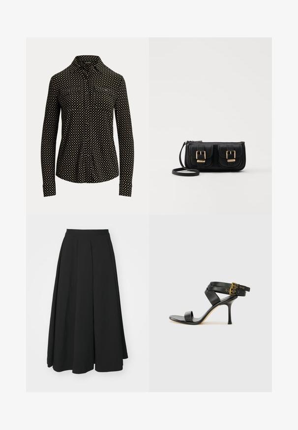 Camisa negra de botones con patrón de cuadrados blancos, de manga larga, con cuello y dos bolsillos en la parte frontal, hecha de una tela suave.; Theory IRREG - Falda plisada - black; Sandalia negra de tacón con correas cruzadas y hebilla ajustable. Presenta una textura suave y un tacón de aguja afilado.; Bolso cruzado de cuero negro con dos bolsillos frontales, hebillas doradas, cierre de cremallera y una correa delgada. Superficie texturizada y forma rectangular compacta.