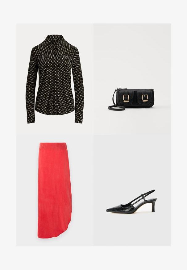 Schwarze Hemd mit Knöpfen, weißem quadratischem Muster, langen Ärmeln, Kragen und zwei Fronttaschen, aus einem weichen Stoff gefertigt.; Roter, knöchellanger Rock aus einem glatten, leichten Stoff. Verfügt über einen geschwungenen Saum und ist einfarbig ohne sichtbare Muster oder Verzierungen.; Schwarze Lack-Slingback-Pumps mit spitzem Zehenbereich, versehen mit strukturiertem Schlangenprint, verstellbarem Riemen und einem kurzen, strukturierten Blockabsatz.; Schwarze Leder-Umhängetasche mit zwei vorderen Taschen, goldenen Schnallen, Reißverschluss und einem schmalen Tragegurt. Texturierte Oberfläche und kompakte rechteckige Form.
