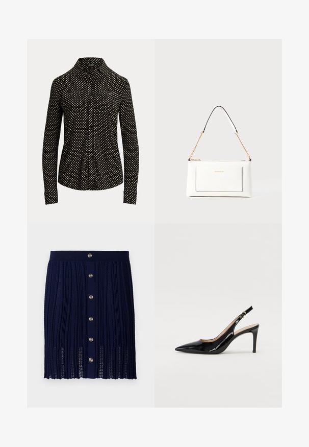 Must mustaga, millel on valged ruudud, pika varrukaga, krae ja kaks eesmist taskut, valmistatud pehmest kangast.; Maje JITOURA - Miniseelik - marine; Must hõbedavärvi patendiga slingback kontsakingad terava varbaga, kitsas konts ja peene lõikega disain. Statistika on kuldne pandla rihmal.; Valge nahast kott tekstureeritud viimistlusega, millel on kuldne kettling ja mustad aktsendid. Include eesmine tasku ja tõmblukk.