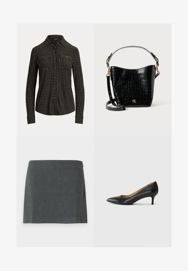 Black button-up shirt with white square pattern, long sleeves, collar, and two front pockets, made from a soft fabric.; Black and white checkered skirt made of fabric with a smooth texture. Features a straight silhouette and side zipper closure.; Black leather pump with a pointed toe, low heel, and a smooth texture. Features a slight opening at the front and minimal hardware at the back.; Black croc-embossed leather bag with a curved shape, gold hardware accents, an adjustable strap, and a logo detail at the front.