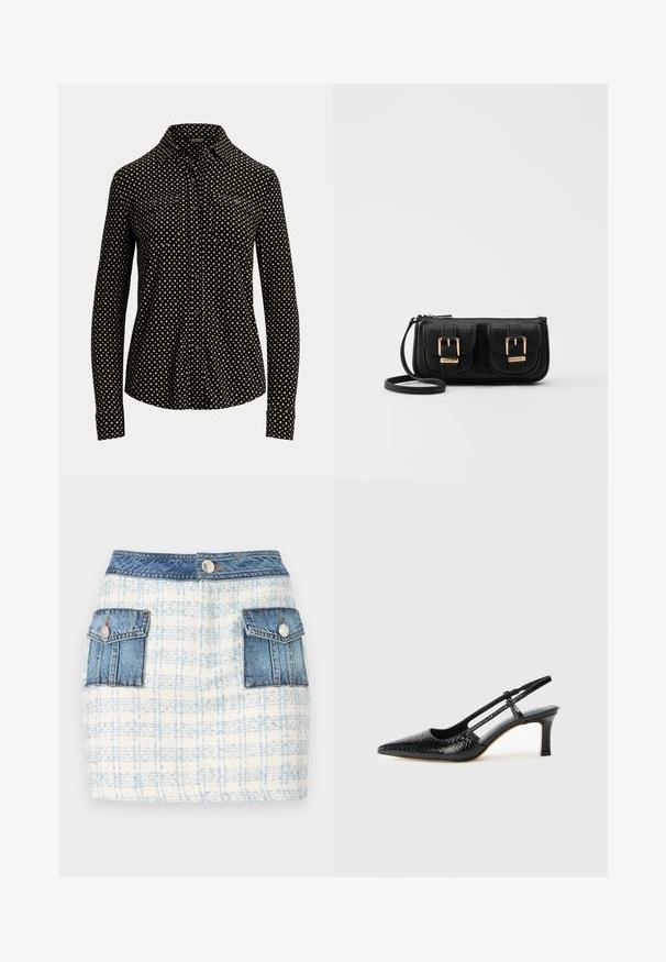 Černá košile na knoflíky s bílým čtvercovým vzorem, dlouhé rukávy, límeček a dvě přední kapsy, vyrobená z měkké látky.; Džínová minisukně s bleděmodrým a bílým kostkovaným vzorem, která má dvě přední kapsy s džínovými detaily a zapínání na knoflík v pase.; Černé lakované slingback podpatky s špičatou špičkou, zdobené texturovaným hadím vzorem, nastavovacím páskem a krátkým texturovaným blokovým podpatkem.; Černá kožená crossbody taška se dvěma předními kapsami, zlatými přezkami, zipovým uzávěrem a štíhlým popruhem. Texturovaný povrch a kompaktní obdélníkový tvar.