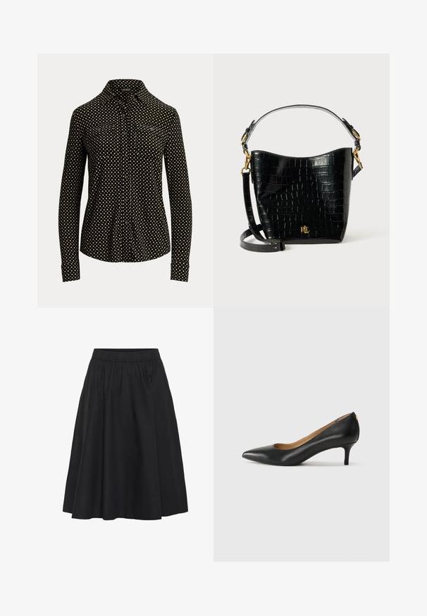 Camicia nera con bottoni, motivo a quadrati bianchi, maniche lunghe, colletto e due tasche frontali, realizzata in un tessuto morbido.; Gonna nera con elastico in vita, design svasato, lunghezza al ginocchio, realizzata in tessuto morbido, con dettagli di cucitura minimi.; Décolleté in pelle nera con punta affilata, tacco basso e texture liscia. Presenta un leggero apertura sulla parte anteriore e hardware minimale sul retro.; Borsa in pelle nera con effetto coccodrillo, dalla forma curvata, con dettagli in metallo dorato, una tracolla regolabile e un logo sul davanti.