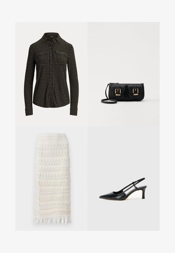 Must mustaga, millel on valged ruudud, pika varrukaga, krae ja kaks eesmist taskut, valmistatud pehmest kangast.; sandro JUPE MIDI DETAILS - Pliiatsseelik - ecru; Mustmust paelad, millel on terav varvas, tekstuuriga maduprindiga, reguleeritav rihm ja lühike tekstuuriga plokknina.; Must küllastamata nahast õlakott, millel on kaks esist nähtavat taskut, kuldsed pandlad, tõmblukuga sulgemine ja peen rihm. Tekstuuriga pind ja kompaktne ristkülikukujuline kuju.