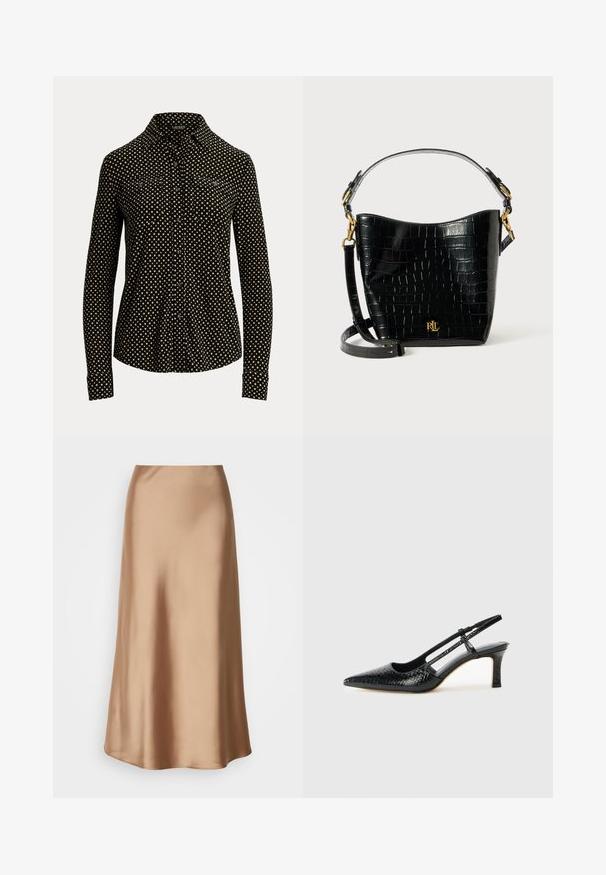 Schwarze Hemd mit Knöpfen, weißem quadratischem Muster, langen Ärmeln, Kragen und zwei Fronttaschen, aus einem weichen Stoff gefertigt.; Satinsatin Midi-Rock in einem hellbraunen Farbton, mit einer glatten, fließenden Silhouette, einem dezenten Glanz und einem leicht ausgestellten Saum.; Schwarze Lack-Slingback-Pumps mit spitzem Zehenbereich, versehen mit strukturiertem Schlangenprint, verstellbarem Riemen und einem kurzen, strukturierten Blockabsatz.; Schwarze, krokodilgeprägte Lederhandtasche mit geschwungener Form, goldfarbenen Hardware-Akzenten, einem verstellbaren Riemen und einem Logodetail auf der Vorderseite.