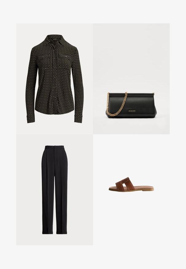 Svart knäppskjorta med vitt rutmönster, långa ärmar, krage och två framfickor, tillverkad av ett mjukt tyg.; Svarta skräddarsydda byxor med hög midja, med veck framtill, rak bendesign och uppvikte nederdelar. Tillverkade av ett slätt tyg.; Bruna lädersandaler med två breda remmar, vita sömnadsdetaljer, platt gummisula och en slät, strömlinjeformad design.; Svart läderclutch med en guldkedjesjal, med en slät yta, rektangulär form och präglad märkning på framsidan.