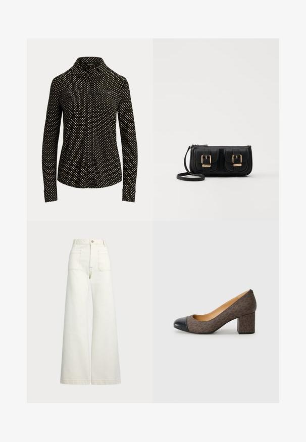 Black button-up shirt with white square pattern, long sleeves, collar, and two front pockets, made from a soft fabric.; Wide-leg jeans in off-white denim. High-waisted design with a button closure, two front pockets, and contrast stitching details.; Brown patterned high-heeled pump with a rounded black toe cap and block heel, featuring a smooth leather-like texture.; Black leather crossbody bag with two front pockets, gold buckles, zipper closure, and a slim strap. Textured surface and compact rectangular shape.