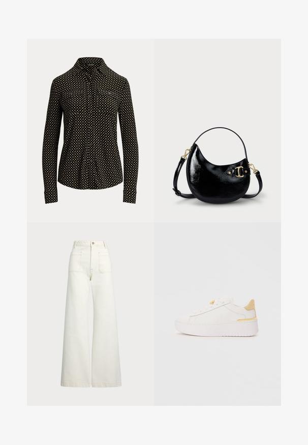 Juodas mygtukų marškiniai su balta kvadratų raštu, ilgomis rankovėmis, apykakle ir dviem priekinių kišenių, pagaminti iš minkštos medžiagos.; Plati kojinės džinsai of white denimo. Aukštas liemuo, su mygtuko uždarymu, dviem priekinėmis kišenėmis ir kontrastingai siuvinėjimu.; Baltas sportinis batelis su lygiu odiniu paviršiumi, kontrastinga geltona kulkšnimis, storu baltu platforminiu padu ir minimalistiniu raištelių dizainu.; Juodas patentuotas odinis rankinukas su išlenkta forma, reguliuojamu diržu ir auksinių tonų detale šone. Lygus, blizgus paviršius.
