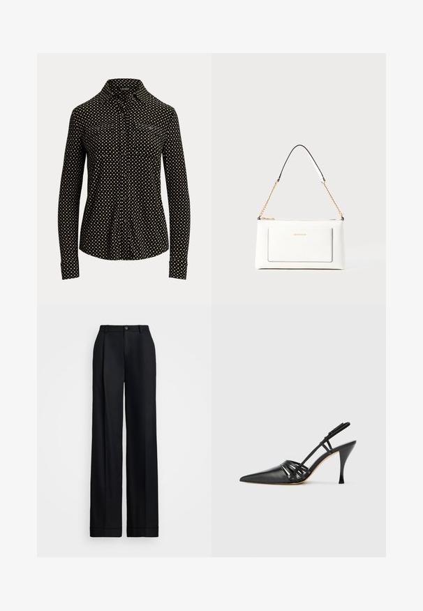 Fekete galléros ing, fehér négyzetmintával, hosszú ujjal és két elülső zsebbel, puha anyagból készült.; Fekete, bő szárú nadrág sima felülettel, lapos elejével, övhurkokkal és egyetlen gombos záródással a deréknál.; Fekete bőr magassarkú slingback cipő, hegyes orral, keresztbe fonott pántos dizájnnal és vékony tűs sarkakkal. Sima felület és minimális díszítés.; Fehér bőr kézitáska, texturált felülettel, arany lánccal és fekete részletekkel. Elülső zsebbel és cipzáros zárással rendelkezik.