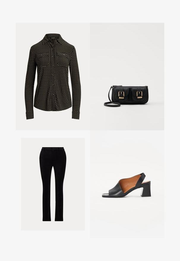 Zwarte button-up shirt met een wit vierkant patroon, lange mouwen, kraag en twee voorzakken, gemaakt van een zachte stof.; Zwarte broek van een gladde, fluweelachtige stof. Gepassedeerde pasvorm met een rechte pijp, uitgerust met een traditionele tailleband en riemlussen.; Zwarte leren open teen slingback schoen met een vierkant hak en een tan kleurige binnenkant. Heeft een gebogen bovenkant ontwerp en een gestructureerde zool.; Zwarte leren schoudertas met twee vo pockets, gouden gespen, ritsluiting en een smalle band. Tekstuur oppervlak en compacte rechthoekige vorm.