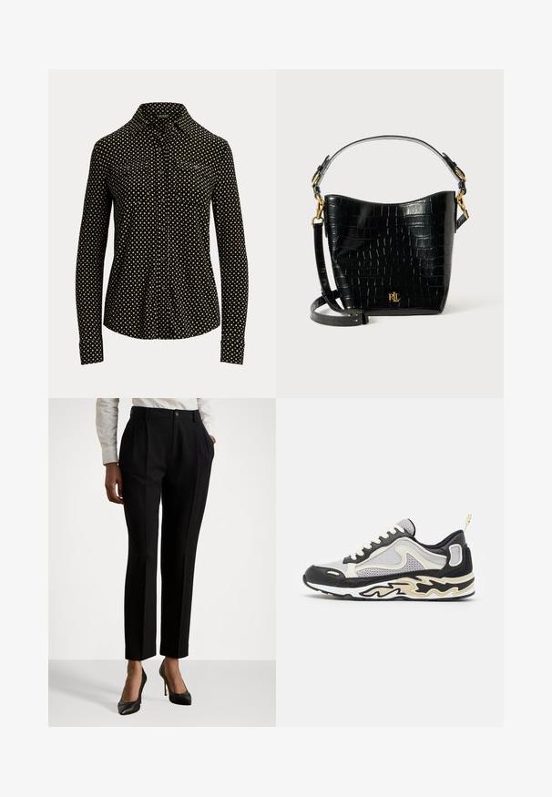 Černá košile na knoflíky s bílým čtvercovým vzorem, dlouhé rukávy, límeček a dvě přední kapsy, vyrobená z měkké látky.; Černé přizpůsobené kalhoty s vysokým pasem, obsahující záhyby, zapínání na knoflík a boční kapsy. Vyrobeno z hladké tkaniny.; Šedé tenisky s černými akcenty, síťovými panely a bílými tkaničkami. Vyznačují se plamenným vzorem na podrážce a malým žlutým poutkem na patě.; Černá kožená taška s krokodýlím vzorem, zakřiveného tvaru, se zlatými kovovými akcenty, nastavitelným popruhem a logem na přední straně.