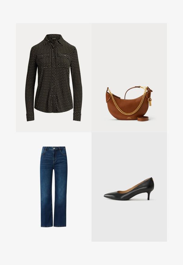 Chemise noire à boutons avec un motif carré blanc, à manches longues, col et deux poches avant, fabriquée dans un tissu doux.; Jeans en denim bleu avec une coupe droite, dotés d'une fermeture zippée à l'avant, de cinq poches et de surpiqûres contrastées. Texture lisse, lavage moyen.; Pompe noire en cuir avec un embout pointu, un petit talon et une texture lisse. Présente une légère ouverture à l'avant et un matériel minimal à l'arrière.; Sac à main en cuir brun avec un design courbé, une chaîne dorée, une poche intérieure et une bandoulière amovible. Présente des coutures contrastantes.