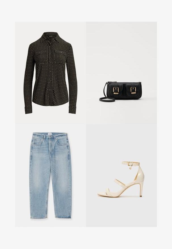 Črna srajca s kratkimi rokavi in belo kvadratno vzorcem, dolgi rokavi, ovratnik in dva sprednja žepa, izdelana iz mehkega materiala.; Svetlo modri trapke iz denima z obrabljenim videzom, ravna noga, pet žepov in zadrgo za zapiranje. Surov rob na gležnjih.; Bež čevlji na visoki peti s tankim trakcem okrog gležnja in dvema zgornjima trakoma. Sijajna lakirana površina in zlat detajl na trakcu okrog gležnja.; Črna usnjena torbica čez ramo z dvema sprednjima žepoma, zlatimi zaponkami, zadrgo in ozkim pasom. Tekstura površine je strukturirana, obliko pa ima kompaktno pravokotno.