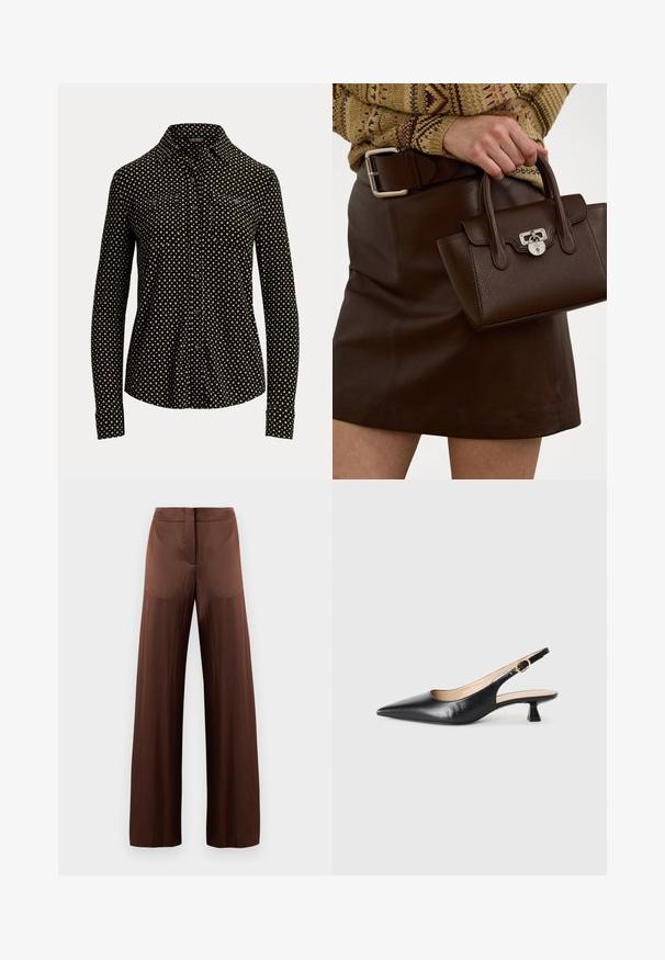 Black button-up shirt with white square pattern, long sleeves, collar, and two front pockets, made from a soft fabric.; Brown wide-leg trousers made of smooth, lightweight fabric, featuring a flat front, no pockets, and a straight silhouette.; Black leather slingback kitten heel shoe with pointed toe and gold buckle on side strap, on white background.; Brown leather handbag with a textured finish and silver hardware, held with a hand beside a brown leather skirt and patterned sweater.
