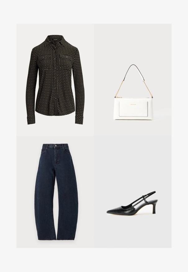 Fekete galléros ing, fehér négyzetmintával, hosszú ujjal és két elülső zsebbel, puha anyagból készült.; Sötétkék farmer, magas derekú, bő szárú farmernadrág. Gombos záródással, öt zsebbel és finom textúrával rendelkezik. Nincsenek látható minták vagy díszítések.; Fekete lakk slingback sarok, hegyes orral, texturált kígyómintával, állítható pánttal és rövid, texturált tömbsarkal.; Fehér bőr kézitáska, texturált felülettel, arany lánccal és fekete részletekkel. Elülső zsebbel és cipzáros zárással rendelkezik.