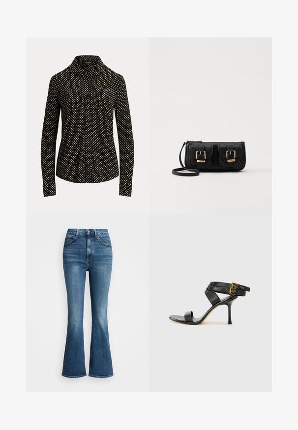 Svart knapp-up skjorte med hvitt rutemønster, lange ermer, krage og to frontlommer, laget av et mykt stoff.; Høytlivede flared jeans i middels blå denim, med klassisk fem-lommers design og kontraststing. Kantene er rå.; Svarte hælsandaler med kryssende stropper og justerbar spenne. Har en jevn tekstur og avsmalnende stilettoklakk.; Svart skinn crossbody veske med to frontlommer, gyldne spenner, glidelåslukking og en slank stropp. Teksturert overflate og kompakt rektangulær form.