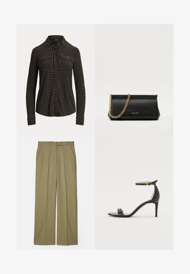 Juodas mygtukų marškiniai su balta kvadratų raštu, ilgomis rankovėmis, apykakle ir dviem priekinių kišenių, pagaminti iš minkštos medžiagos.; Kaki spalvoti klostuoti kelnių modeliai su tiesiu kojų dizainu, pagaminti iš tekstūruoto audinio, su dviem šoninėmis kišenėmis ir lygiu juosmeniu.; Juodos oda aukštakulniai sandalai su kulkšnies dirželiu. Pasižymi lygiu paviršiumi, atviru pirštu ir plonu kulnu. Auksinės spalvos sagties detalė.; Juodas odinis delninukas su auksine grandine, turintis lygų paviršių, stačiakampį išmatavimą ir įspaustą prekės ženklą priekyje.