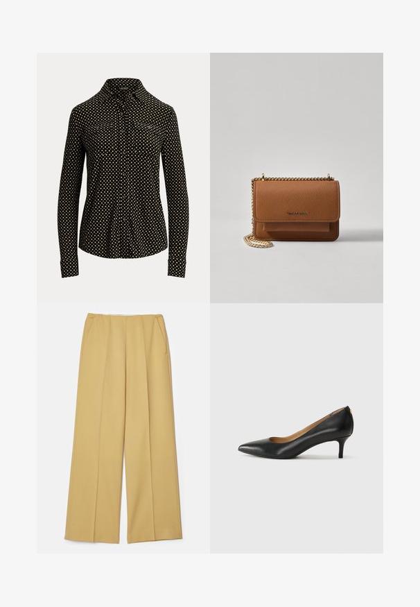 Fekete galléros ing, fehér négyzetmintával, hosszú ujjal és két elülső zsebbel, puha anyagból készült.; Mustár sárga anyagú, széles lábú nadrág, elülső zsebekkel és sima textúrával, letisztult, szabott dizájnnal.; Fekete bőrpumpa hegyes orral, alacsony sarokkal és sima felülettel. Elöl enyhe nyílással rendelkezik, hátul pedig minimális részletezéssel.; Barna textúrájú bőr keresztbody táska arany lánc pánttal és fedélzárral. Az elején logó részlet és egy zseb található a fedél alatt.