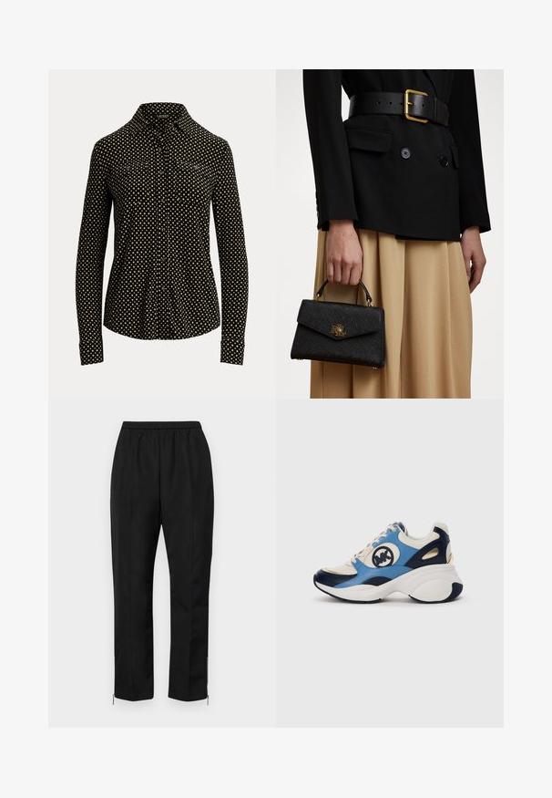 Black button-up shirt with white square pattern, long sleeves, collar, and two front pockets, made from a soft fabric.; Black pants with an elastic waistband, straight legs, and zippers at the ankle. The fabric has a smooth texture and minimal design.; White, navy, and light blue suede sneaker with chunky sole and circular embroidered logo on the side.; Black structured handbag with a textured finish, gold hardware, and a top handle. Worn with a black blazer and beige skirt.