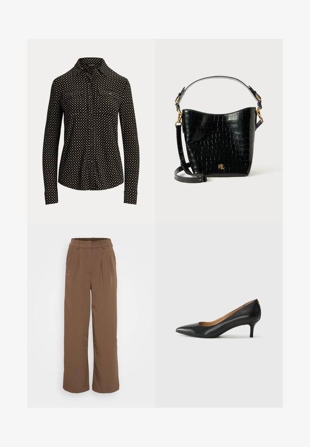 Black button-up shirt with white square pattern, long sleeves, collar, and two front pockets, made from a soft fabric.; Brown wide-leg trousers with pleats, elastic waistband, and a smooth texture. Features a classic design suitable for various outfits.; Black leather pump with a pointed toe, low heel, and a smooth texture. Features a slight opening at the front and minimal hardware at the back.; Black croc-embossed leather bag with a curved shape, gold hardware accents, an adjustable strap, and a logo detail at the front.