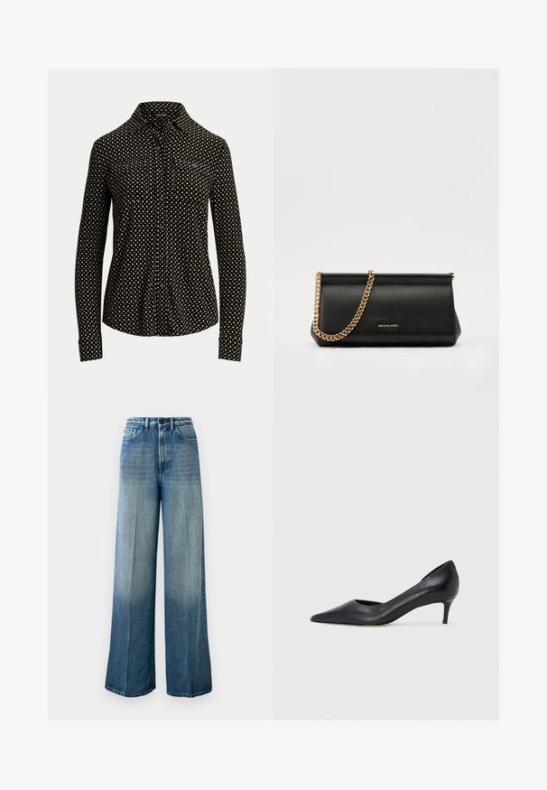 Zwarte button-up shirt met een wit vierkant patroon, lange mouwen, kraag en twee voorzakken, gemaakt van een zachte stof.; Lichtblauwe, wijde jeans gemaakt van denim. Heeft een hoge taille, een klassieke vijf-pocket ontwerp, en een vervaagde gradient van donker naar licht.; Zwarte leren pump met een puntige neus en lage hak. Heeft een gladde textuur en een subtiele glans. Open uitsparing aan de voorkant voor extra detail.; Zwarte leren clutch tas met een gouden kettinghengsel, voorzien van een gladde textuur, rechthoekige vorm en reliëfmerk op de voorkant.
