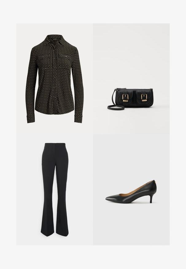 Camisa negra de botones con patrón de cuadrados blancos, de manga larga, con cuello y dos bolsillos en la parte frontal, hecha de una tela suave.; ONLY Tall ONLEDINA FLARE PANT - Pantalones - black; Zapato de tacón negro de cuero con punta afilada, tacón bajo y textura suave. Presenta una ligera apertura en la parte frontal y un hardware minimalista en la parte trasera.; Bolso cruzado de cuero negro con dos bolsillos frontales, hebillas doradas, cierre de cremallera y una correa delgada. Superficie texturizada y forma rectangular compacta.