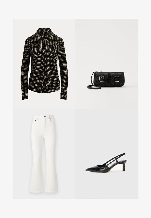 Crna košulja s dugim rukavima, bijelim kvadratnim uzorkom,o kravatu i dva prednja džepa, izrađena od mekanog materijala.; Bijele flare traperice od denima. Dizajn s visokim strukom s prednjim džepovima i zatvaranjem na gumb. Glatka tekstura i minimalni detalji šivanja.; Crne lakirane slingback pete s oštrim vrhom, s teksturiranim uzorkom zmijske kože, podesivom remenom i kratkom, teksturiranom blok-petom.; Crna kožna torba preko ramena s dva prednja džepa, zlatnim kopčama, zatvaranjem na zip i uskim remenom. Teksturirana površina i kompaktan pravokutan oblik.