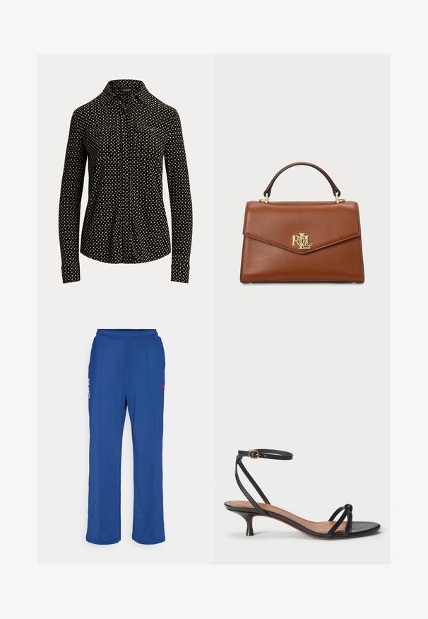 Čierna košeľa na gombíky s bielym štvorcovým vzorom, dlhé rukávy, golier a dva predné vrecká, vyrobená z jemnej tkaniny.; Modré športové nohavice s voľným strihom, vyrobené z elastického materiálu. Obsahujú pás, bočné akcenty a malé logo v kontrastnej červenej farbe.; Polo Ralph Lauren LEATHER KITTEN-HEEL SANDAL - Klasické lodičky na opätku - black; Hnedá kožená kabelka so štruktúrovaným dizajnom, horným úchopom, zlatými kovovými doplnkami a akcentom loga na prednej strane. Hladká textura.