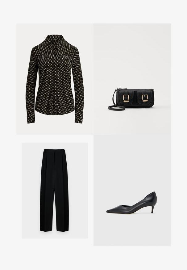 Svart knapp-up skjorte med hvitt rutemønster, lange ermer, krage og to frontlommer, laget av et mykt stoff.; Svart vide bukser med høy livhøyde, med folder og en glatt tekstur. Stoffet virker lett og faller elegant.; Sort lærpumps med spiss tupp og lav hæl. Har en jevn tekstur og subtil glans. Åpen utskjæring foran for ekstra detalj.; Svart skinn crossbody veske med to frontlommer, gyldne spenner, glidelåslukking og en slank stropp. Teksturert overflate og kompakt rektangulær form.