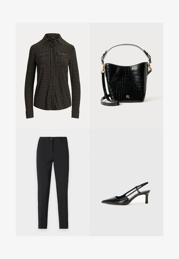 Zwarte button-up shirt met een wit vierkant patroon, lange mouwen, kraag en twee voorzakken, gemaakt van een zachte stof.; Zwarte fitted broek in een soepele stof, met een klassieke tailleband, een rits aan de voorkant en zijzakken met een slank, op maat gemaakt ontwerp.; Zwart patent slingback hak met een spitse neus, voorzien van een gestructureerde slangenprint, verstelbare band en een korte, gestructureerde blokhak.; Zwarte croco-embossed leren tas met een gebogen ontwerp, gouden hardware-accenten, een verstelbare schouderriem en een logo-detail aan de voorkant.