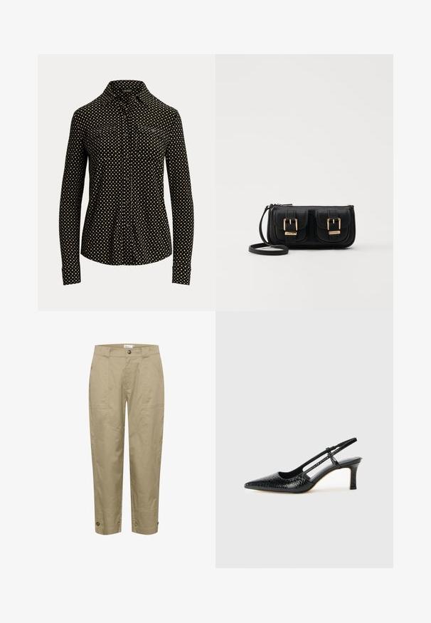 Fekete galléros ing, fehér négyzetmintával, hosszú ujjal és két elülső zsebbel, puha anyagból készült.; Beige, könnyű anyagú, egyenes szabású nadrág, oldalsó zsebekkel és gombos díszítéssel az alján, amely állítható illeszkedést és stílust biztosít.; Fekete lakk slingback sarok, hegyes orral, texturált kígyómintával, állítható pánttal és rövid, texturált tömbsarkal.; Fekete bőr keresztbody táska két elülső zsebbel, arany csattokkal, cipzáras záródással és vékony pánttal. Textúrált felület és kompakt téglalap alak.