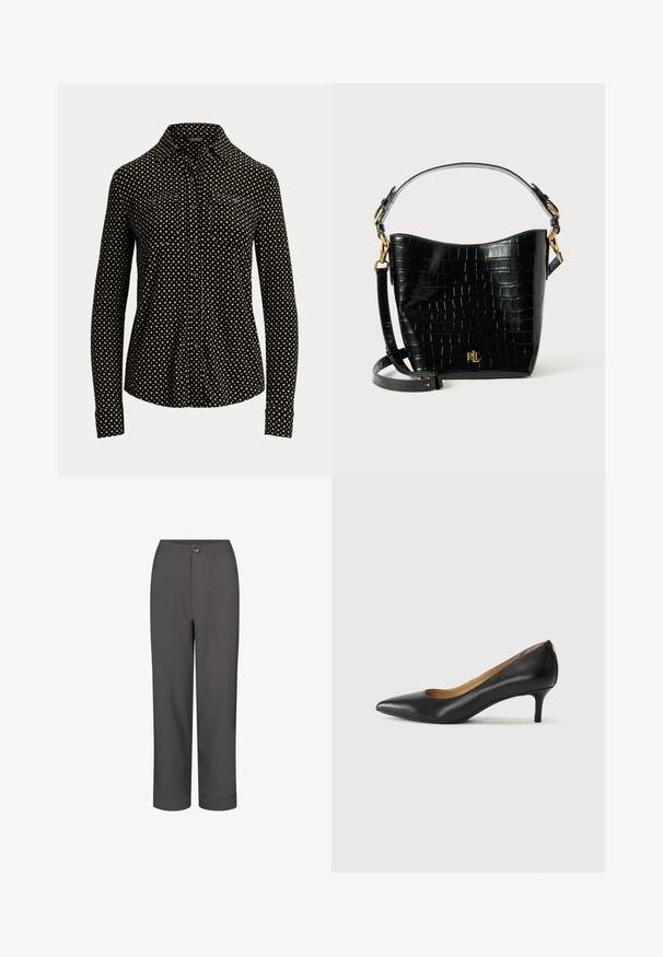 Musta napillinen paita, jossa on valkoinen neliökuvio, pitkät hihat, kaulus ja kaksi etutaskua, tehty pehmeästä kankaasta.; Housut harmaana, suoran lahkeen muotoilulla, sileällä pinnalla, edessä napilla kiinnitettävänä ja lahkeiden päättymisen käärityllä tyylillä.; Mustat nahka-korkokengät, joissa on terävä kärki, matala korko ja sileä pinta. Edessä on pieni aukko ja takana minimaalinen varustus.; Musta krokotiilinjäljitelmästä valmistettu laukku, jossa on kaareva muoto, kultaiset yksityiskohdat, säädettävä olkahihna ja logotiedot edessä.