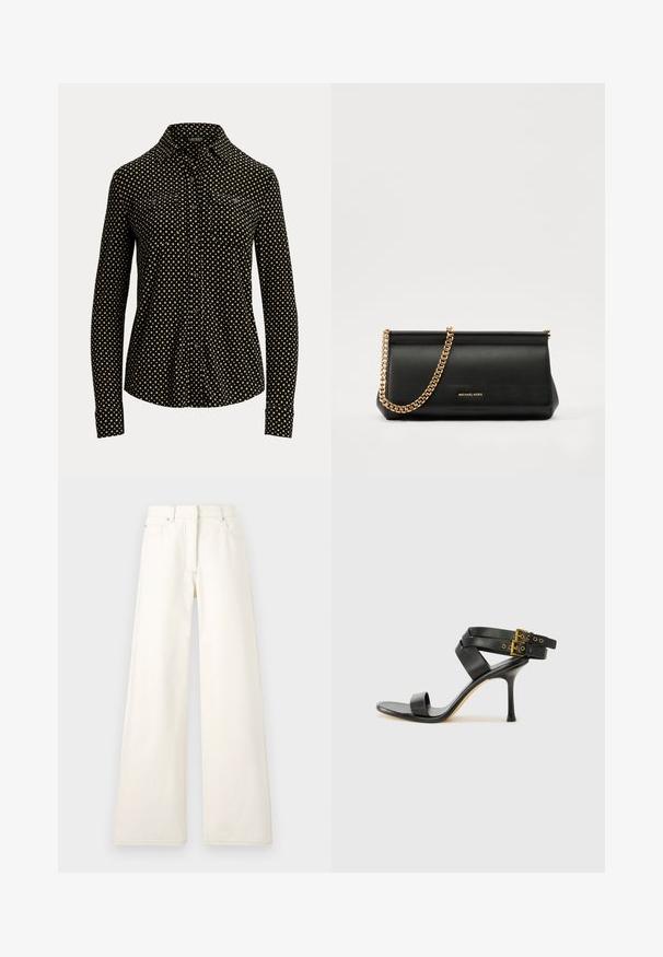 Juodas mygtukų marškiniai su balta kvadratų raštu, ilgomis rankovėmis, apykakle ir dviem priekinių kišenių, pagaminti iš minkštos medžiagos.; Plati, kreminės spalvos džinsinės kelnės su matomomis siūlėmis ir kišenėmis. Dizainas turi aukštą liemenį ir tiesią siluetą.; Juodi kulniškų sandalai su kryžminėmis juostelėmis ir reguliuojamu sagtimi. Ypatybė – lygus paviršius ir siauras smailas kulnas.; Juodas odinis delninukas su auksine grandine, turintis lygų paviršių, stačiakampį išmatavimą ir įspaustą prekės ženklą priekyje.