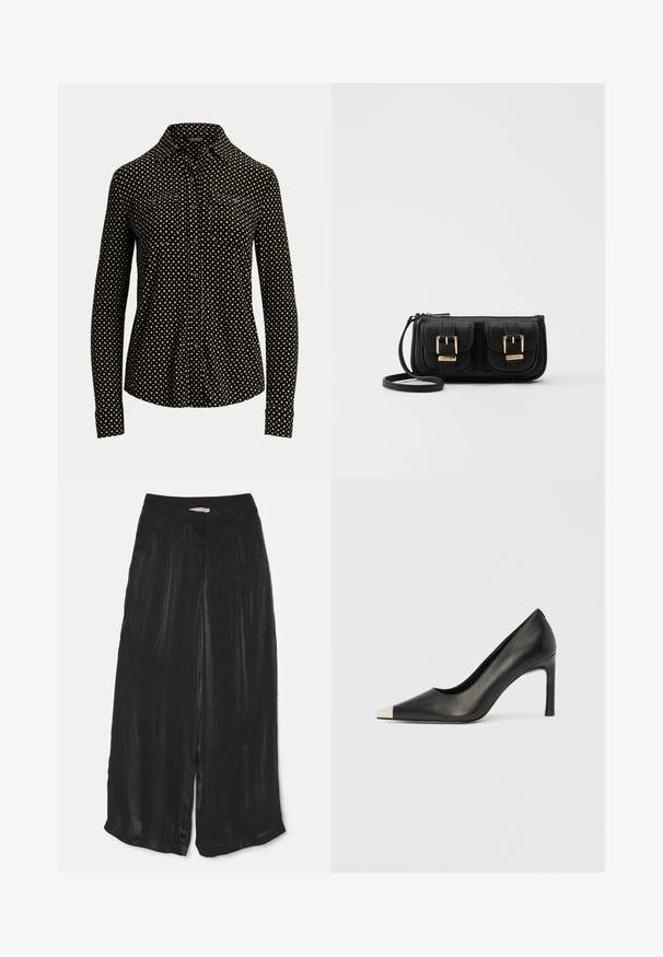 Fekete galléros ing, fehér négyzetmintával, hosszú ujjal és két elülső zsebbel, puha anyagból készült.; Fekete, bő szárú nadrág sima selyemszaténból, magas derekú, elöl pliszírozott, rövidített hosszúságú és oldalszárral.; Fekete bőr magas sarkú cipő hegyes orral és fém ezüst orrtippel. Simább kivitelű, karcsú, 10 cm-es sarokkal.; Fekete bőr keresztbody táska két elülső zsebbel, arany csattokkal, cipzáras záródással és vékony pánttal. Textúrált felület és kompakt téglalap alak.