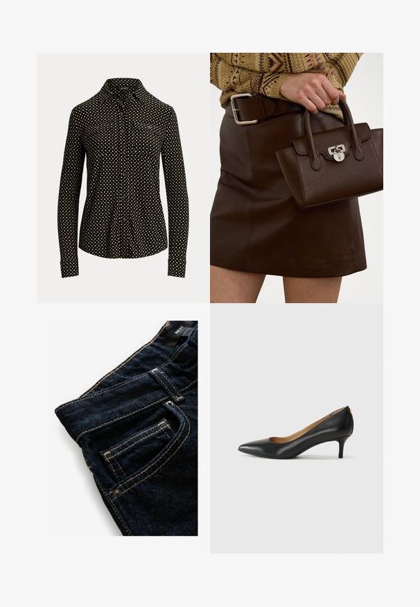 Fekete galléros ing, fehér négyzetmintával, hosszú ujjal és két elülső zsebbel, puha anyagból készült.; Sötétkék farmernadrág, kontrasztos narancssárga varrással, elülső zsebbel, szegecseléssel és sima felülettel.; Fekete bőrpumpa hegyes orral, alacsony sarokkal és sima felülettel. Elöl enyhe nyílással rendelkezik, hátul pedig minimális részletezéssel.; Barna bőr kézitáska texturált felülettel és ezüst színezetű fémalkatrészekkel, egy kézben tartva, mellette egy barna bőr szoknyával és mintás pulóverrel.
