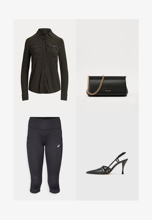 Schwarze Hemd mit Knöpfen, weißem quadratischem Muster, langen Ärmeln, Kragen und zwei Fronttaschen, aus einem weichen Stoff gefertigt.; Schwarze Sport-Capri-Leggings mit glatter Textur, elastischem Stoff, hohem Bund und einem kleinen weißen Logo auf der linken Seite.; Schwarze Leder-Slingback-Pumps mit spitzem Zehenbereich, über Kreuz verlaufendem Riemendesign und schmalem Stiletto-Absatz. Glatte Oberfläche und minimalistische Akzente.; Schwarze Leder-Clutch mit einer goldenen Ketten-Trage, die eine glatte Oberfläche, rechteckige Form und geprägtes Branding auf der Vorderseite aufweist.