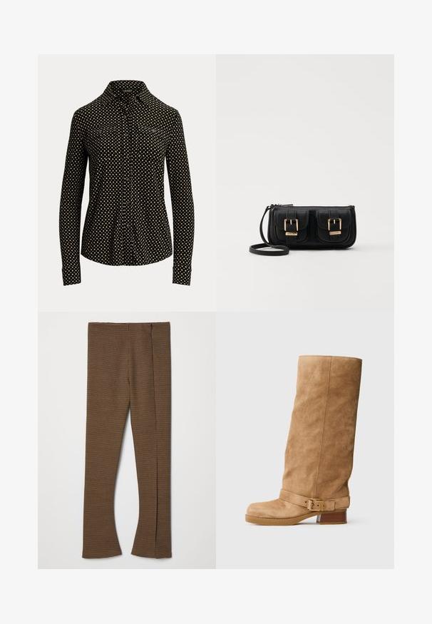 Must mustaga, millel on valged ruudud, pika varrukaga, krae ja kaks eesmist taskut, valmistatud pehmest kangast.; Pruuni ruudulised laienevad püksid, millel on tekstureeritud kangas, kõrge vöökoht ja külgegnime sulgemine.; Kerge suede midikäe saapad heleses tooni, madala virnastatud kontsaga, ümarate varbaotstega ning reguleeritava rihmaga, millel on kuldne pandla ümber pahkluu.; Must küllastamata nahast õlakott, millel on kaks esist nähtavat taskut, kuldsed pandlad, tõmblukuga sulgemine ja peen rihm. Tekstuuriga pind ja kompaktne ristkülikukujuline kuju.